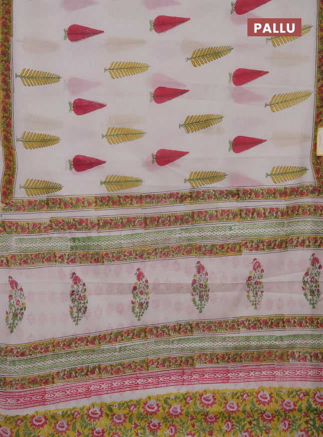 Jaipur cotton saree off white and yellow with butta prints and printed border