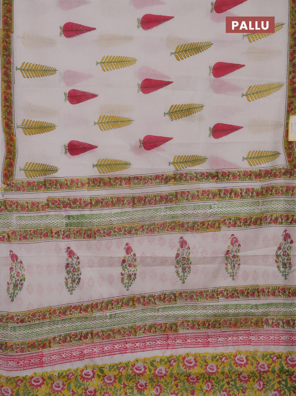 Jaipur cotton saree off white and yellow with butta prints and printed border