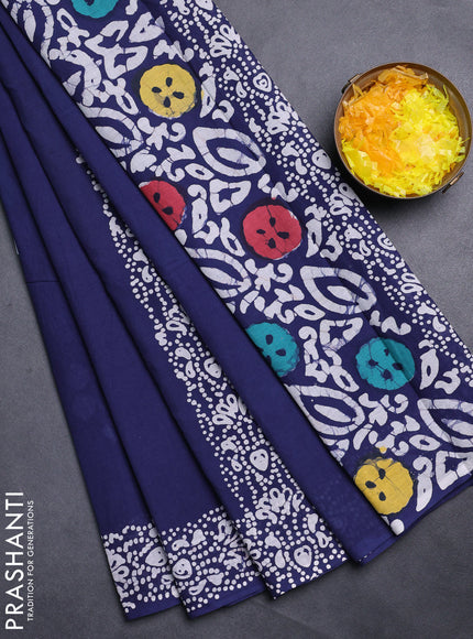 Jaipur cotton saree navy blue and white with batik prints and printed border