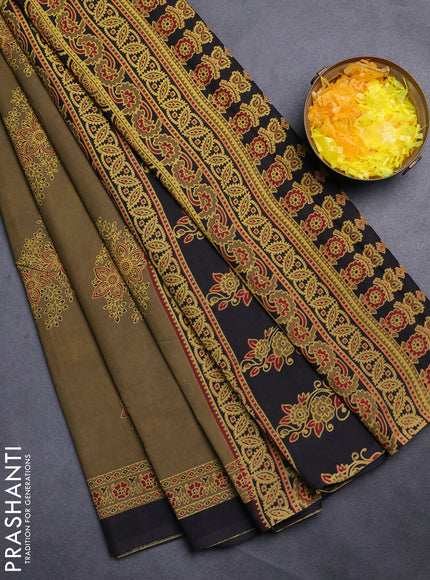 Jaipur cotton saree mehendi green and black with butta prints and printed border