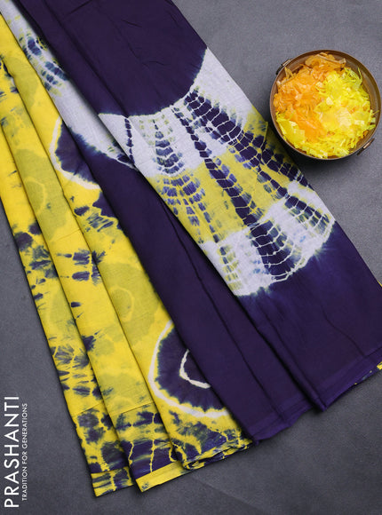 Jaipur cotton saree yellow and navy blue with allover tie & dye prints and printed border