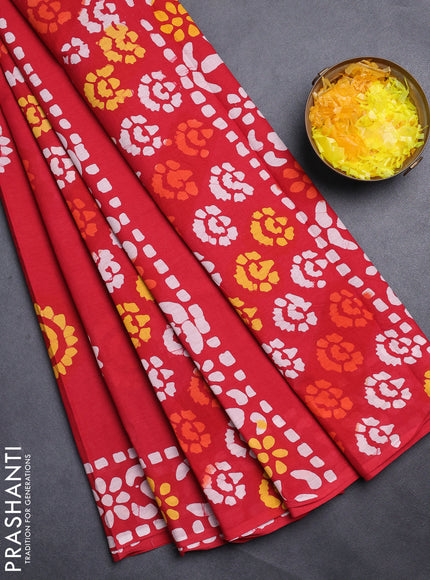 Jaipur cotton saree red with batik prints and printed border
