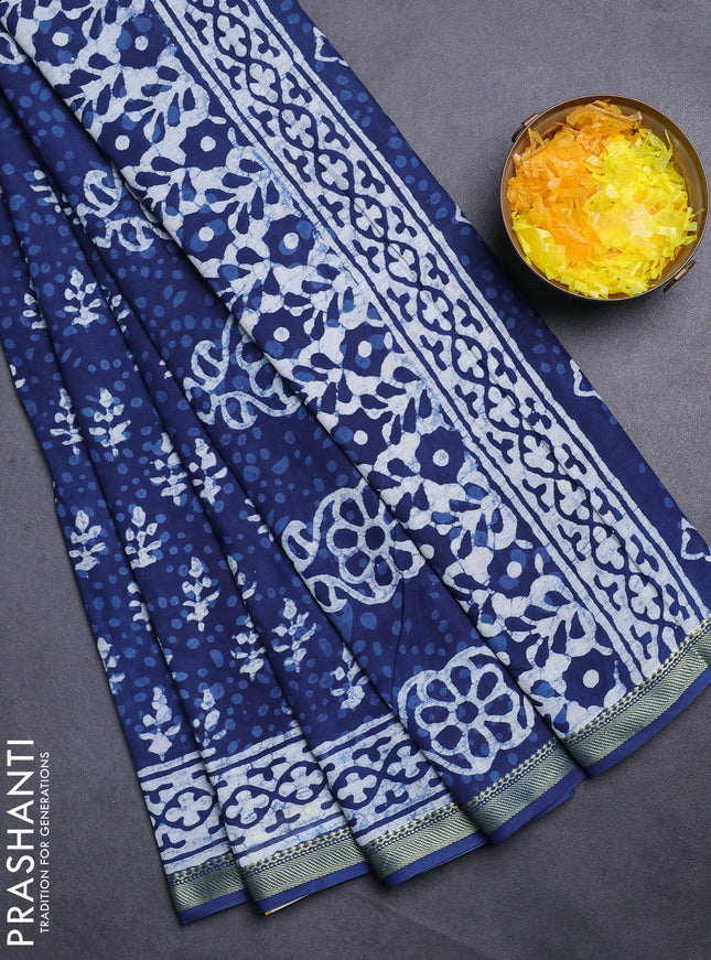 Jaipur cotton saree indigo blue with allover prints and printed border