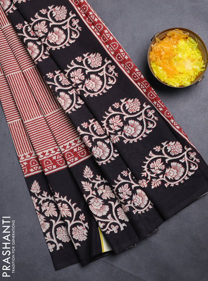 Jaipur cotton saree beige marron and black with allover stripe pattern and printed border