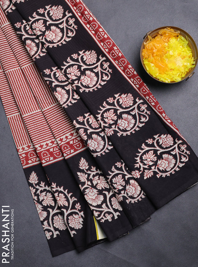 Jaipur cotton saree beige marron and black with allover stripe pattern and printed border