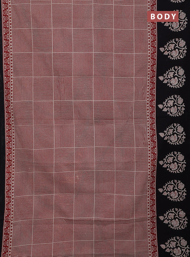 Jaipur cotton saree beige marron and black with allover stripe pattern and printed border