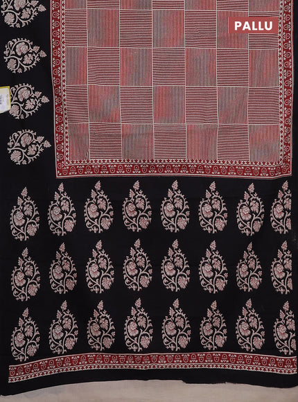 Jaipur cotton saree beige marron and black with allover stripe pattern and printed border