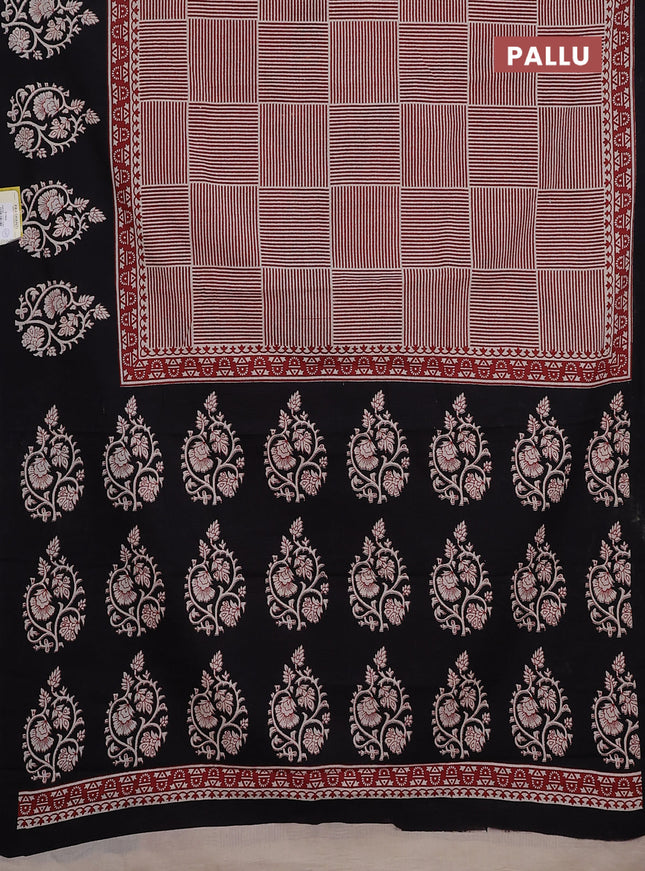 Jaipur cotton saree beige marron and black with allover stripe pattern and printed border