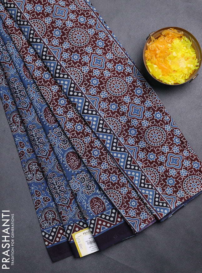 Jaipur cotton saree indigo blue and black with allover prints and printed border