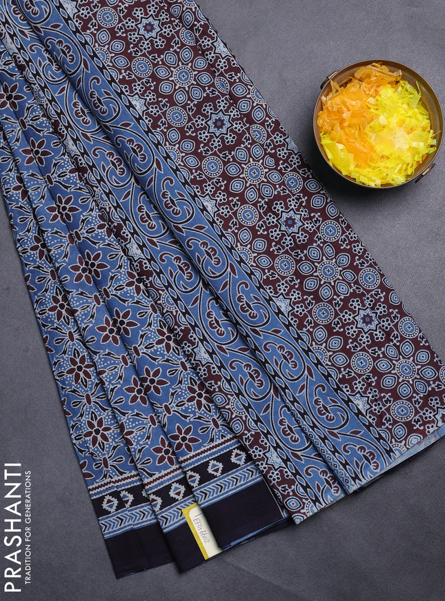 Jaipur cotton saree indigo blue and black with allover prints and printed border