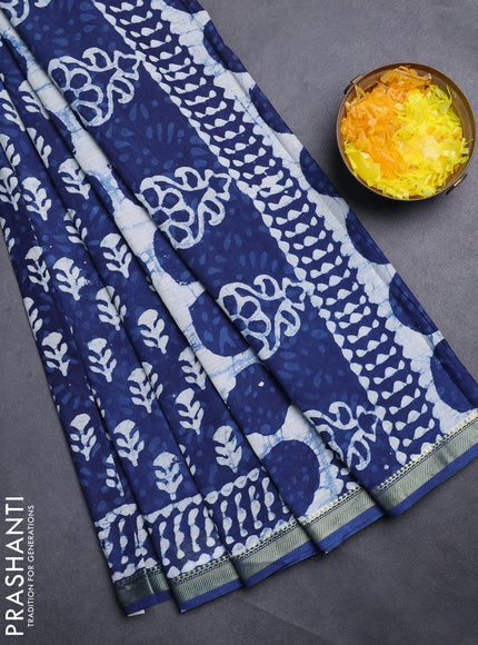 Jaipur cotton saree navy blue and off white with allover batik prints and printed border