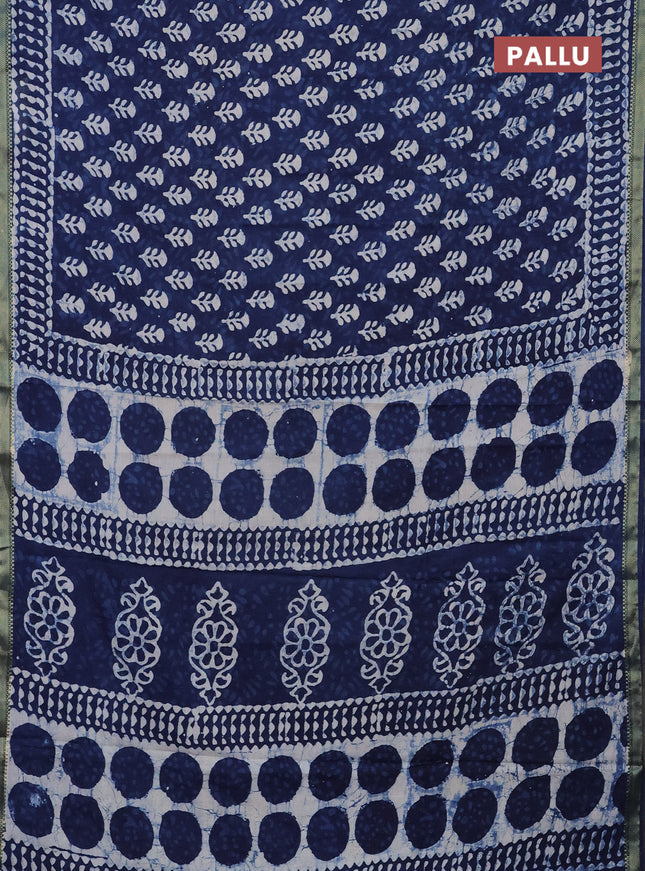 Jaipur cotton saree navy blue and off white with allover batik prints and printed border