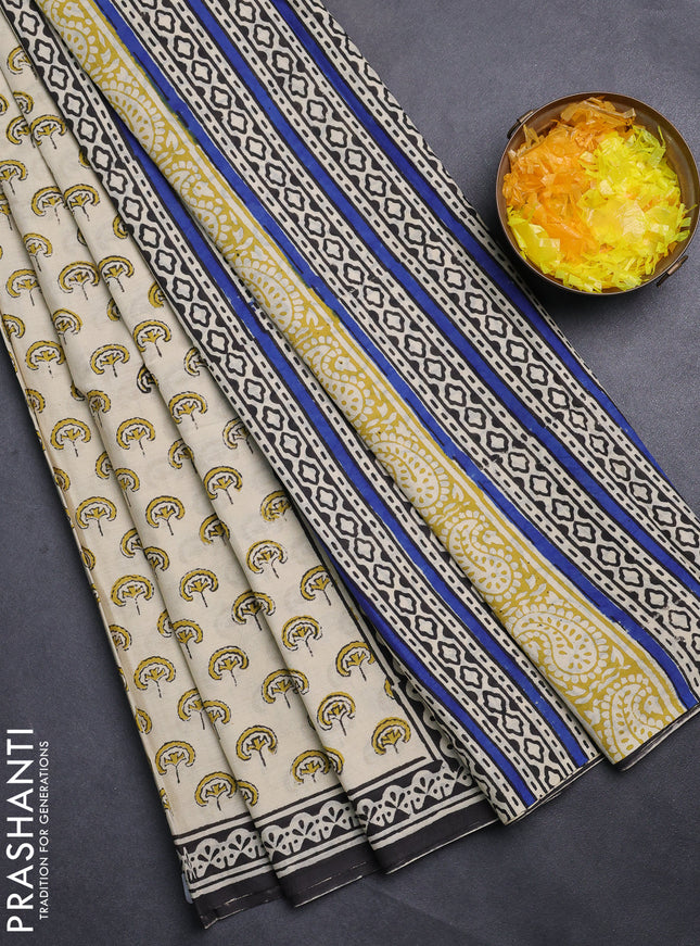 Jaipur cotton saree beige and black with allover butta prints and printed border