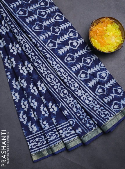 Jaipur cotton saree navy blue and off white with allover batik prints and printed border