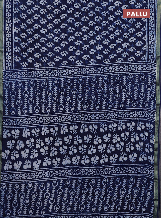Jaipur cotton saree navy blue and off white with allover batik prints and printed border