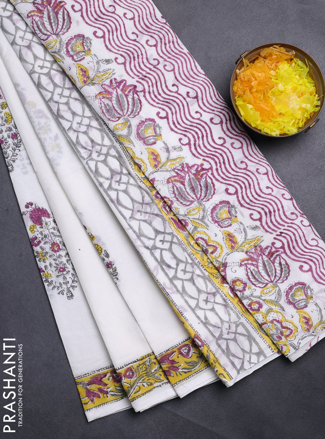 Jaipur cotton saree off white and yellow with butta prints and printed border