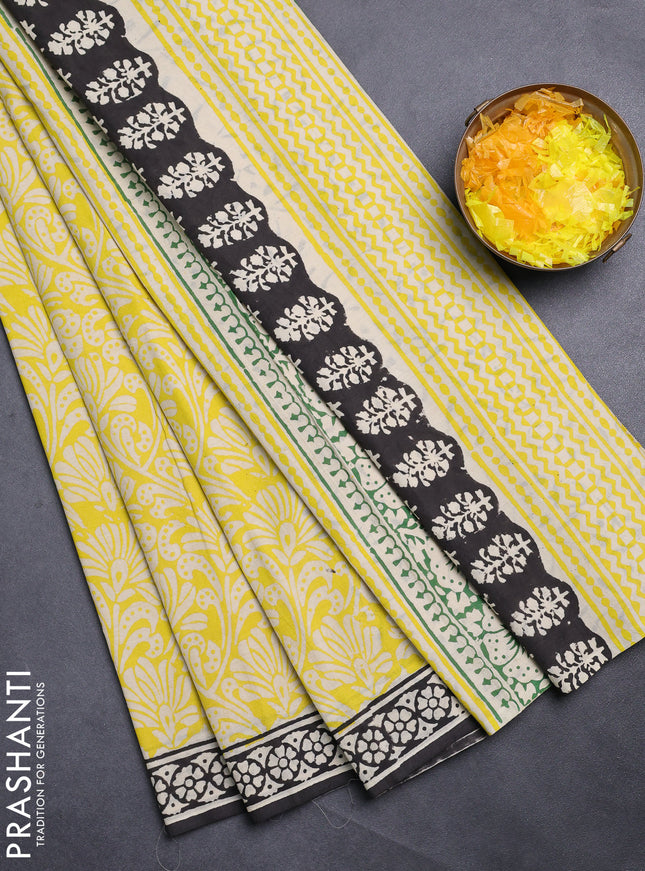 Jaipur cotton saree yellow and black with allover prints and printed border