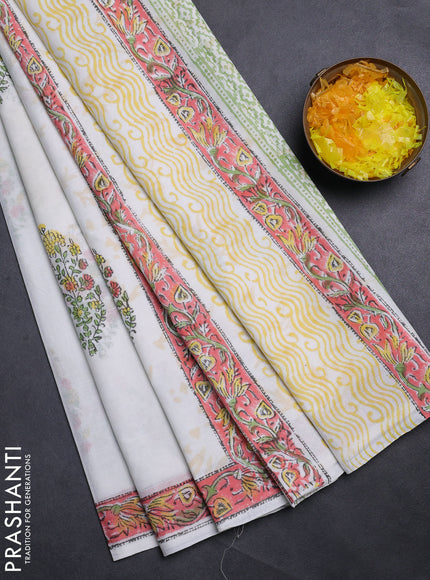 Jaipur cotton saree off white and peach with butta prints and printed border