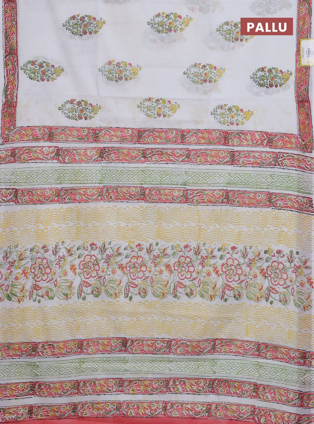 Jaipur cotton saree off white and peach with butta prints and printed border