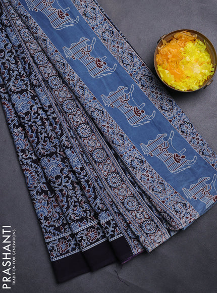 Jaipur cotton saree black and blue with allover kalamkari prints and printed border