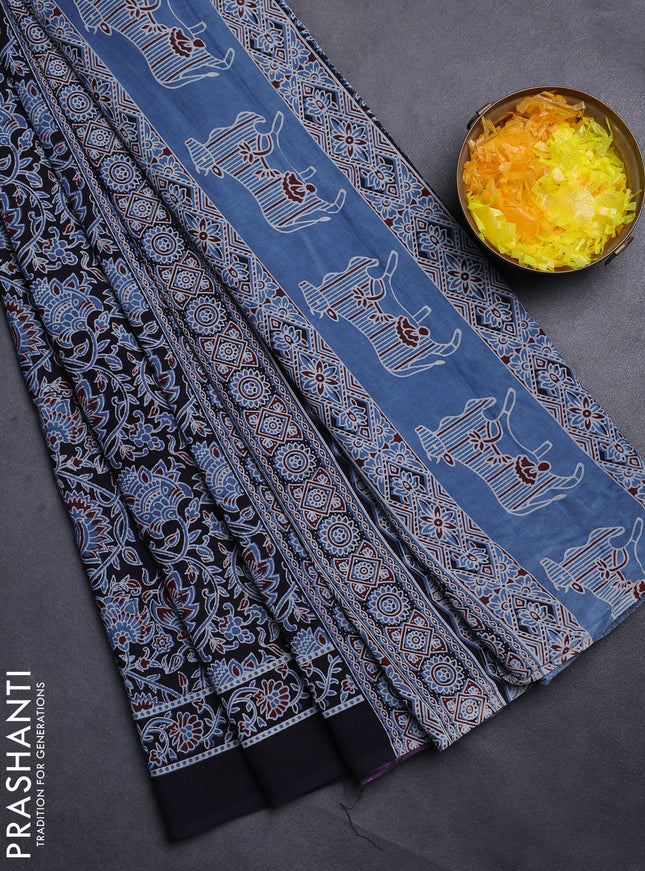 Jaipur cotton saree black and blue with allover kalamkari prints and printed border