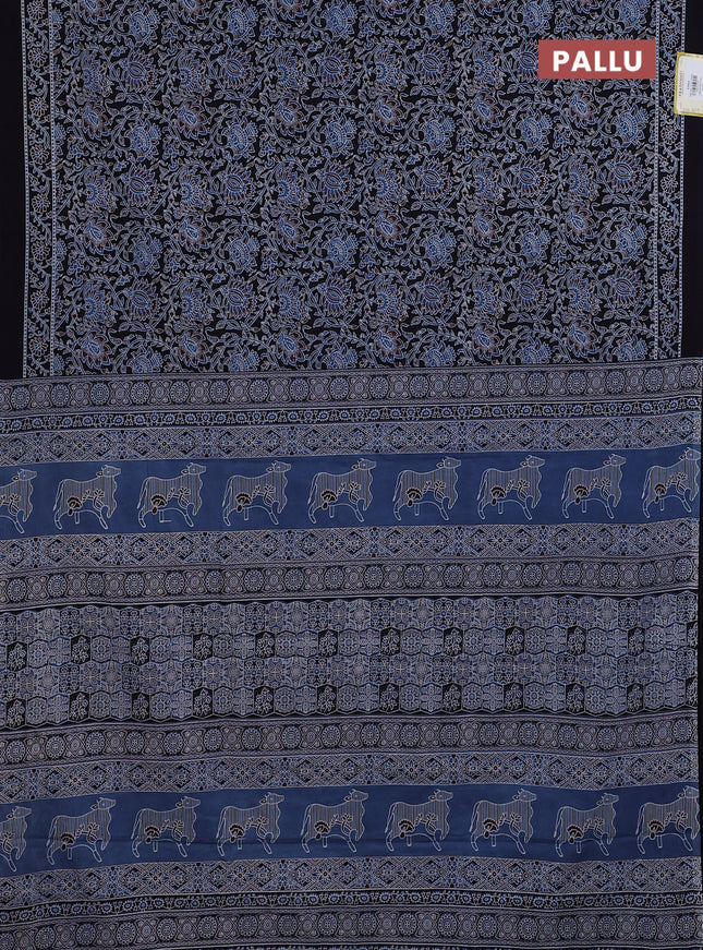 Jaipur cotton saree black and blue with allover kalamkari prints and printed border