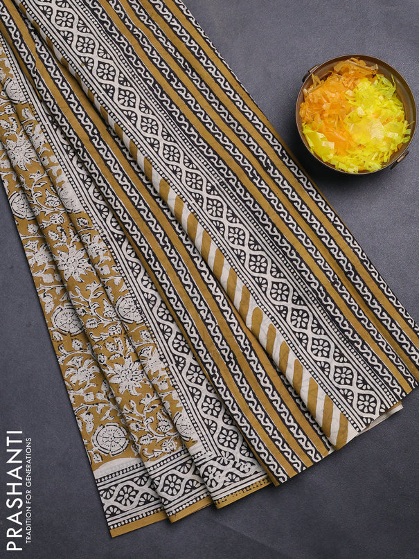 Jaipur cotton saree mustard and black with allover kalamkari prints and printed border