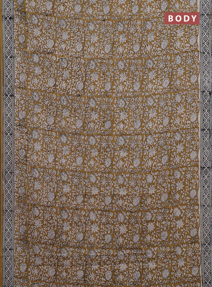 Jaipur cotton saree mustard and black with allover kalamkari prints and printed border