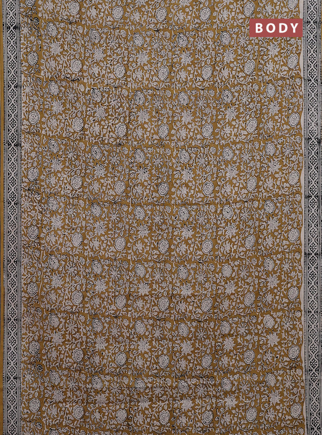 Jaipur cotton saree mustard and black with allover kalamkari prints and printed border