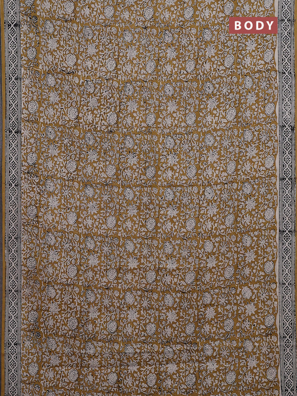 Jaipur cotton saree mustard and black with allover kalamkari prints and printed border