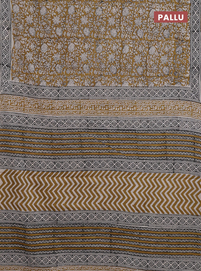 Jaipur cotton saree mustard and black with allover kalamkari prints and printed border