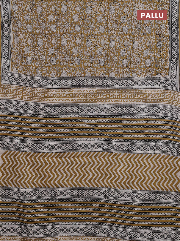 Jaipur cotton saree mustard and black with allover kalamkari prints and printed border