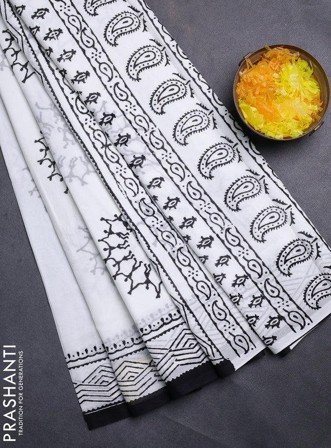Jaipur cotton saree off white and black with warli butta prints and printed border