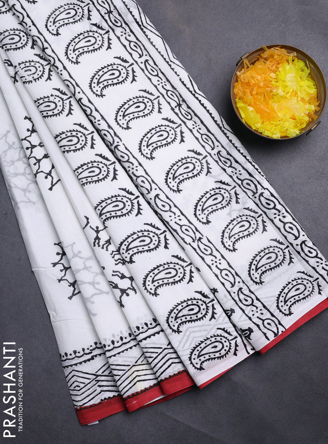 Jaipur cotton saree off white and maroon with warli butta prints and printed border