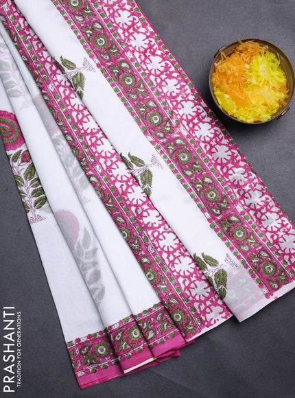Jaipur cotton saree off white and magenta pink with warli butta prints and printed border
