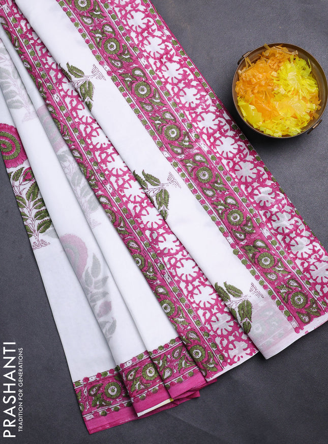 Jaipur cotton saree off white and magenta pink with warli butta prints and printed border