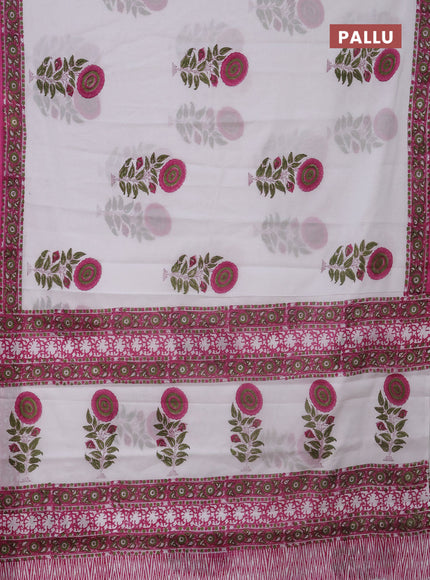 Jaipur cotton saree off white and magenta pink with warli butta prints and printed border