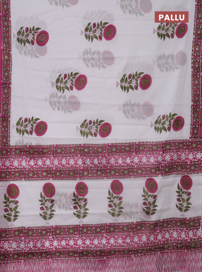 Jaipur cotton saree off white and magenta pink with warli butta prints and printed border