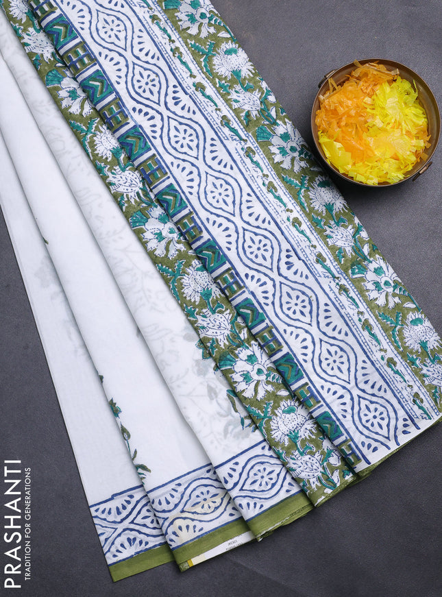 Jaipur cotton saree off white and green with floral butta prints and printed border