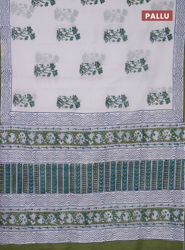 Jaipur cotton saree off white and green with floral butta prints and printed border