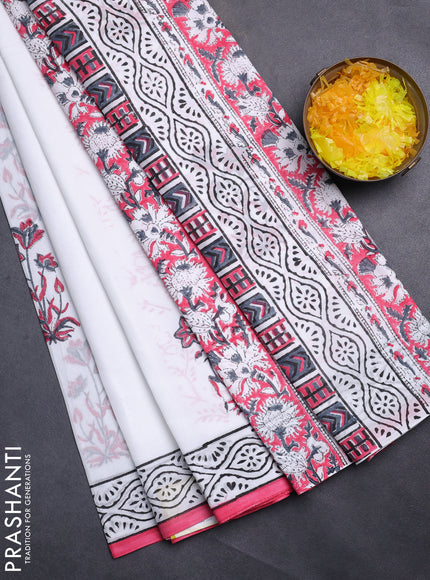 Jaipur cotton saree off white and pink with floral butta prints and printed border
