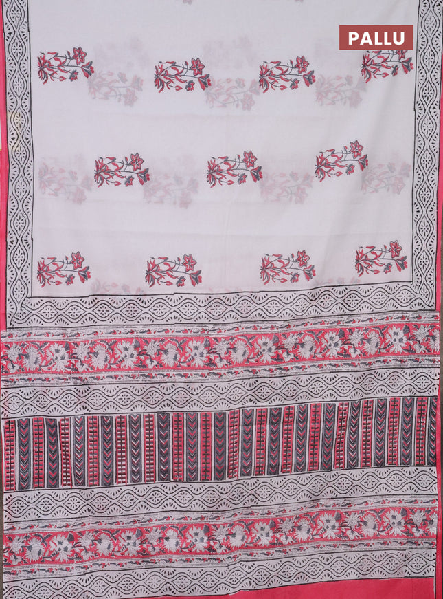 Jaipur cotton saree off white and pink with floral butta prints and printed border