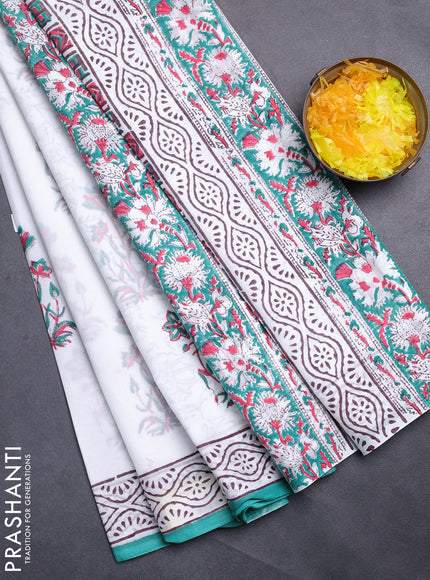 Jaipur cotton saree off white and teal blue with floral butta prints and printed border