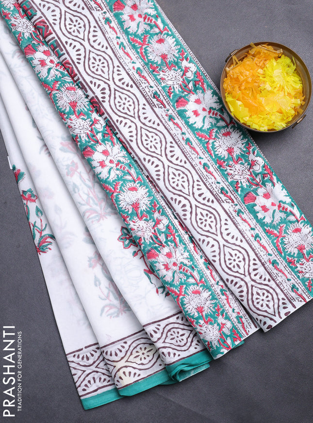 Jaipur cotton saree off white and teal blue with floral butta prints and printed border
