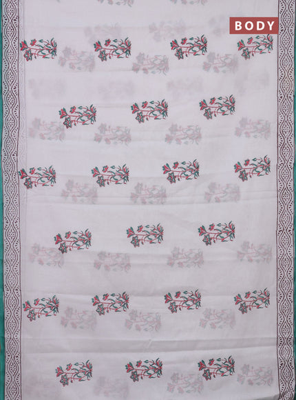 Jaipur cotton saree off white and teal blue with floral butta prints and printed border