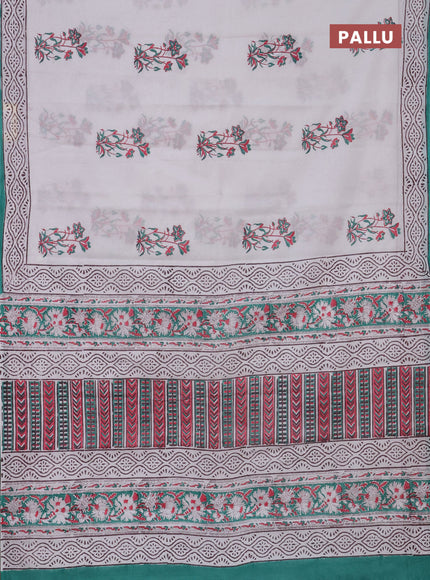 Jaipur cotton saree off white and teal blue with floral butta prints and printed border