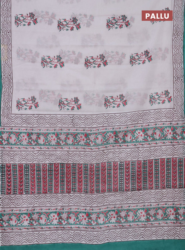 Jaipur cotton saree off white and teal blue with floral butta prints and printed border