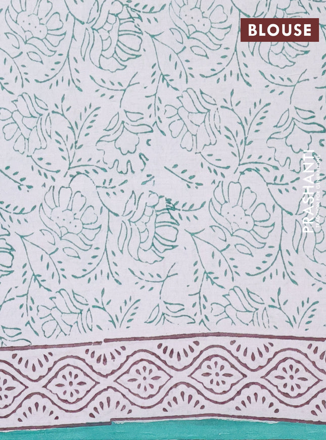 Jaipur cotton saree off white and teal blue with floral butta prints and printed border