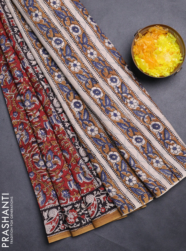 Jaipur cotton saree marron and black with allover kalamkari prints and printed border