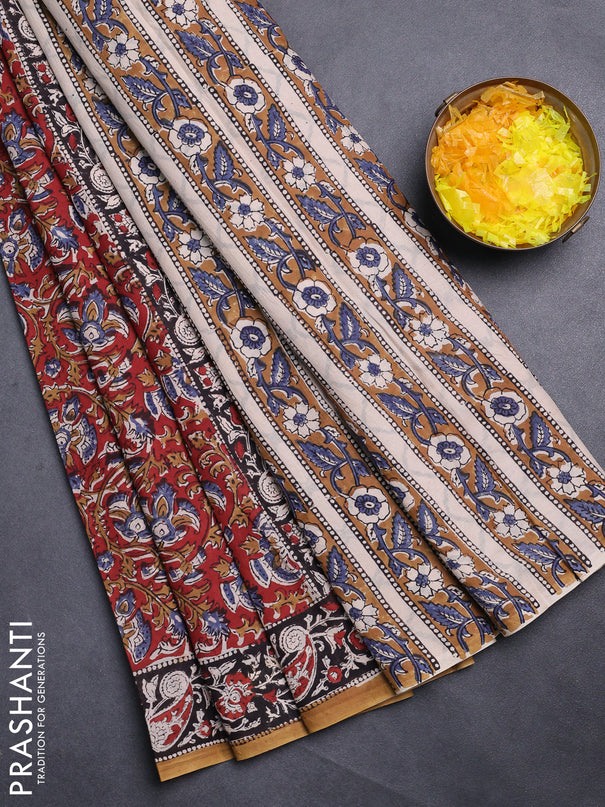 Jaipur cotton saree marron and black with allover kalamkari prints and printed border